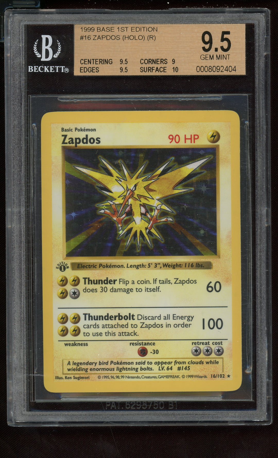 Zapdos BGS 9.5 (Shadowless 1st Edition)