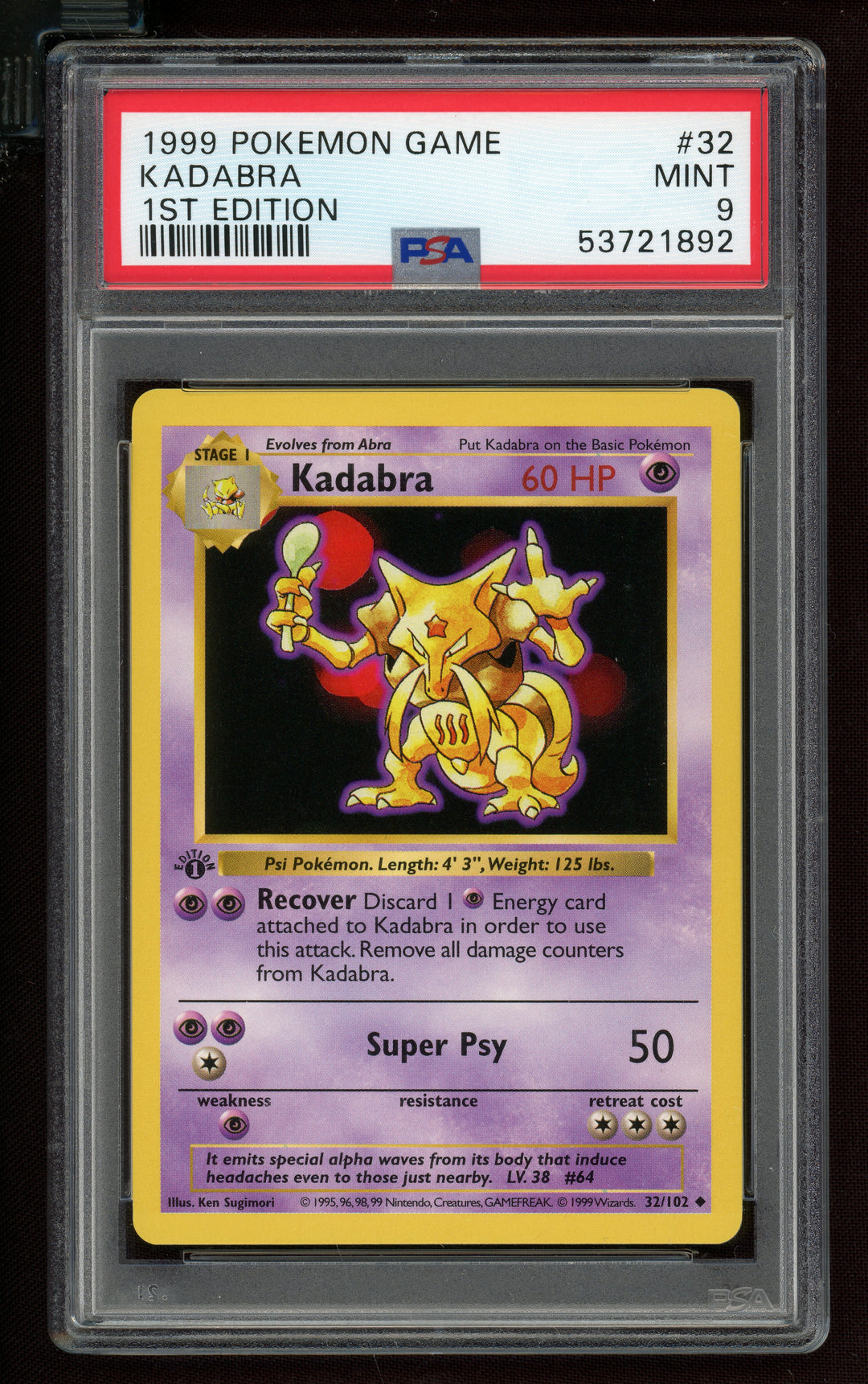 Kadabra PSA 9 (Shadowless 1st Edition)